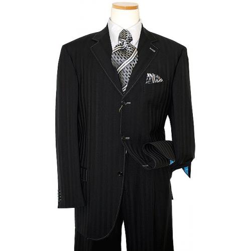 Extrema by Zanetti Black Shadow Stripes with Grey Hand-Pick Stitching Super 130's Wool Suit RL42634